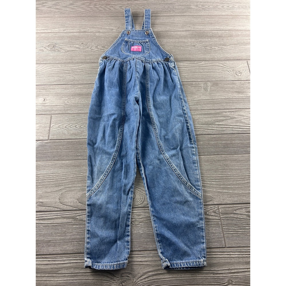 Vintage OshKosh Bgosh Girls Denim Overalls Medium Wash Gathered Waist Size 10